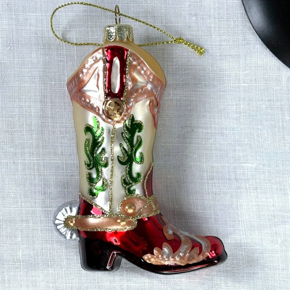 JS Red Cream Glass Cowboy Boot Christmas Ornament Western Spur Glitter Star JS